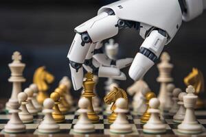Closeup of hand of AI robot playing chess photo