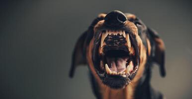 Head shot of aggressive dog barking. Rabies virus infection concept. photo