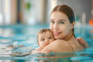 Beautiful Caucasian young mother and her baby in the swimming pool. photo