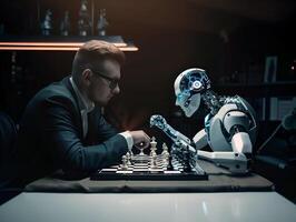 Businessman and AI robot playing chess. Concept of human and robot war in future photo