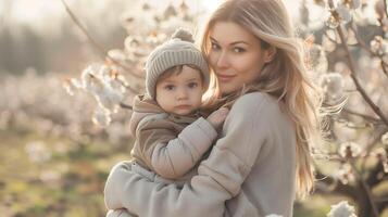 Caucasian mother and her baby at meadow photo