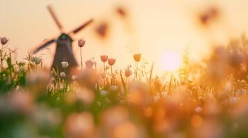 Landscape of beautiful tulip field in Netherland at sunset photo