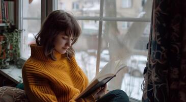 Beautiful Caucasian girl reading book indoors photo