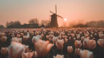 Landscape of beautiful tulip field in Netherland at sunset photo