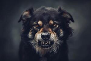 Head shot of aggressive dog barking. Rabies virus infection concept. photo