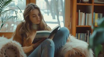 hermosa caucásico niña leyendo libro adentro foto