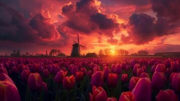 paisaje de rojo tulipán campo y tradicional holandés molino en Holanda foto