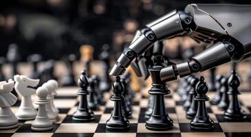 Closeup of hand of AI robot playing chess photo