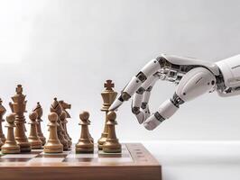 Closeup of hand of AI robot playing chess photo