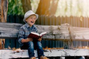 linda pequeño chico leyendo santo Biblia libro a campo foto