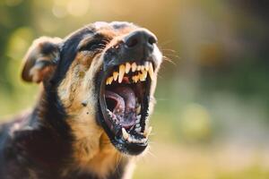 Head shot of aggressive dog barking. Rabies virus infection concept. photo