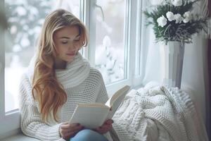 hermosa caucásico niña leyendo libro adentro durante invierno temporada foto