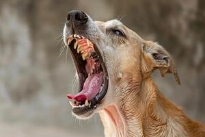 Head shot of aggressive dog barking. Rabies virus infection concept. photo