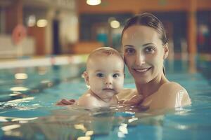 Beautiful Caucasian young mother and her baby in the swimming pool. photo