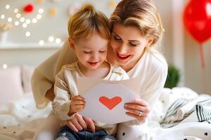 Caucasian mother and her son reading letter at bedroom photo