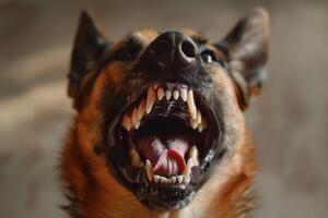 Head shot of aggressive dog barking. Rabies virus infection concept. photo