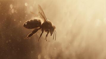 Closeup view of flying honey bee photo