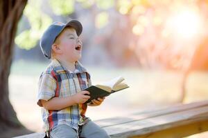linda pequeño chico leyendo santo Biblia libro a campo foto