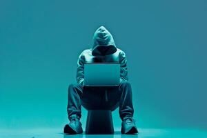 Fashionable anonymous hacker typing computer laptop. Cybercrime, cyberattack, dark web concept. photo