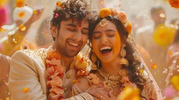 INDIAN BRIDE AND GROOM AT AMAZING HINDU WEDDING CEREMONY. photo