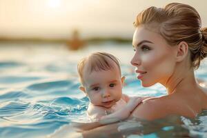 Beautiful Caucasian young mother and her baby in the swimming pool. photo