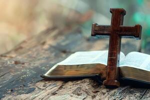 Spirituality, Religion and Hope Concept. Holy Bible Book and Cross. photo