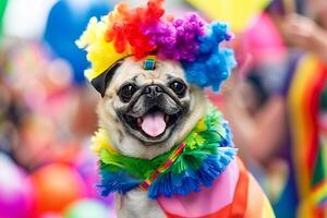 Fashionable PUG pet dog in pride parade. Concept of LGBTQ pride. photo