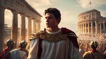 Portrait of young Roman emperor in front of large crowd, video