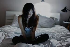 Asian girl feeling sad and lonely in the bedroom under dim light photo
