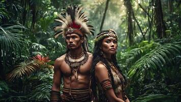 Portrait of native tribe warriors, man and woman, in rainforest, video