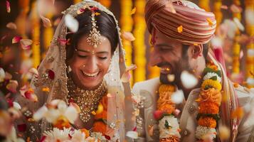INDIAN BRIDE AND GROOM AT AMAZING HINDU WEDDING CEREMONY. photo