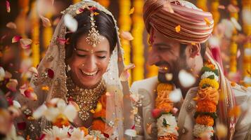 INDIAN BRIDE AND GROOM AT AMAZING HINDU WEDDING CEREMONY. photo