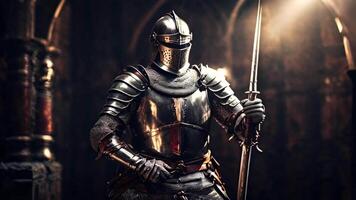 Medieval knight in shiny armor in castle interior, video