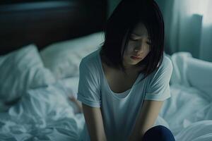 Asian girl feeling sad and lonely in the bedroom under dim light photo