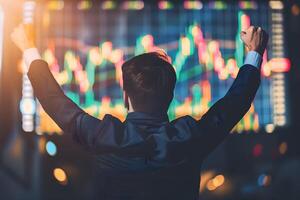 Back view of successful trader in front of stock market board photo