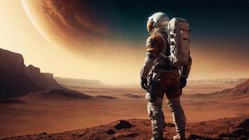astronauta nel spazio completo da uomo su lontano pianeta con arido clima e duro ambiente, video