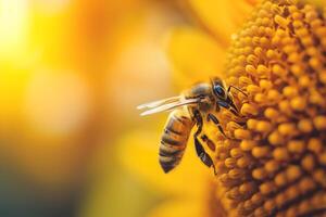 Closeup view of honey bee pollinating sunflower photo