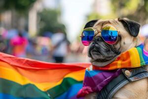 Fashionable PUG pet dog in pride parade. Concept of LGBTQ pride. photo