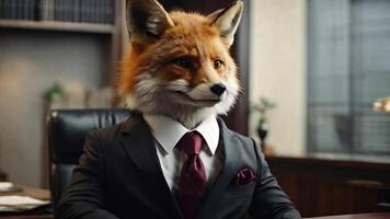 Elegant smart looking fox in business suit in legal firm office, video