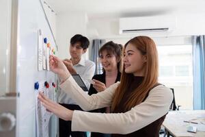 Team of creative ux developer and ui designer brainstorm about app interface design at modern office. Creative digital development photo