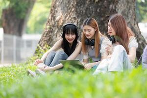 College student having discussion under tree on campus, preparing for exam, learning and reading books together photo