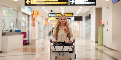 Happy asian tourist woman with backpack and luggage traveling between waits for flight in airport terminal, Tourist journey trip concept photo