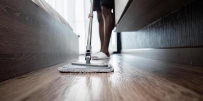 africano americano hombre joven lavar el piso con un fregona en el habitación a hogar foto