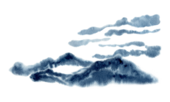 nebuloso montanhas e nuvens minimalista panorama. ásia japonês natural pano de fundo. mão desenhado aguarela ilustração em transparente fundo. índigo azul monocromático desenhos para cartões, impressões png