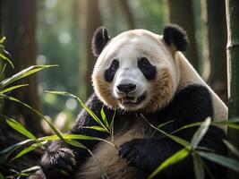 de cerca de un gigante panda comiendo bambú en antecedentes de bambú bosque foto