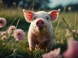 Close up of little pig playing in the meadow with grass and flowers photo