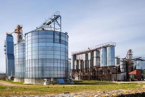 silos granero ascensor en agroindustrial complejo con semilla limpieza y el secado línea para grano almacenamiento foto