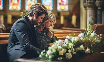 emocional apoyo - hombre comodidades llorando mujer durante funeral en Iglesia foto