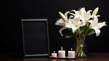 Sorrowful Tribute - White Lilies Bouquet, Burning Candle, and Empty Photo Frame on black Background