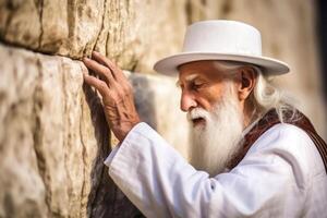 Elderly Jewish Man Praying at the Western Wall in Jerusalem photo